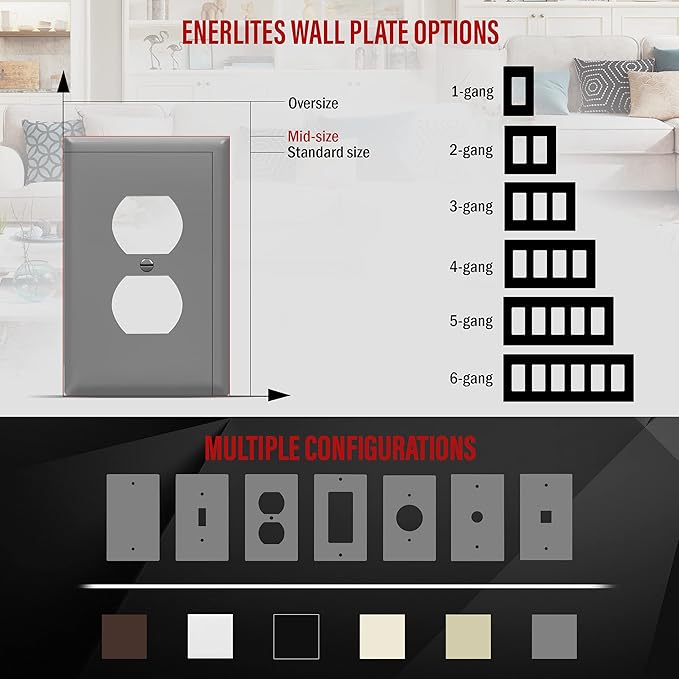 ENERLITES Duplex Receptacle Wall Plate, Electrical Outlet Covers, Gloss Finish, Mid-Size 1-Gang 4.88" x 3.11", Polycarbonate Thermoplastic, UL Listed, 8821M-GY-10PCS, Gray, 10 Pack, 10 Count