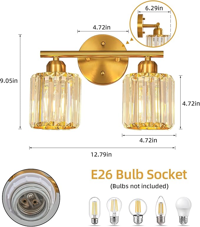 FDPBY Modern 2 Light Crystal Vanity Light, Brushed Gold Vertical Bathroom Light Fixture Over Mirror for Dressing Table Sink, Compatible with Dimmable Bulbs (Bulbs Not Included)