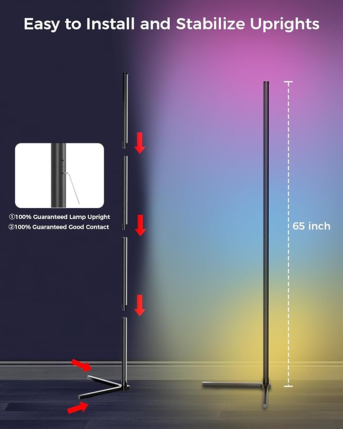 boostool 2 Pack Corner Floor Lamp, 65" RGB LED Corner Lamp, Color Changing Ambient Lighting with Music Sync - App and Remote Control LED Lamp for Bedroom, Living Room, Gaming Room