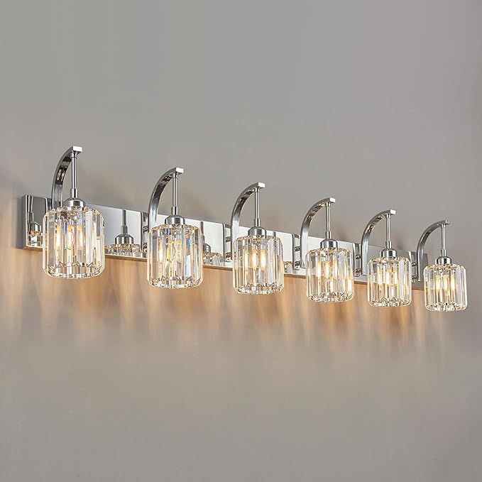 FDPBY 6-Light Crystal Vanity Light, Chrome Modern Wall Sconce with K9 Crystal Shades, 51.18" Long Over Mirror Lighting for Bathroom, Makeup, Hallway, Elegant & Easy Install
