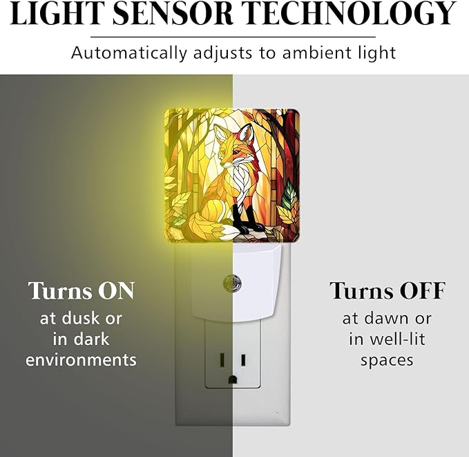 PODMemory Fox Stained Glass Night Lights Plug into Wall for Room, Fox Night Light LED for Bedroom