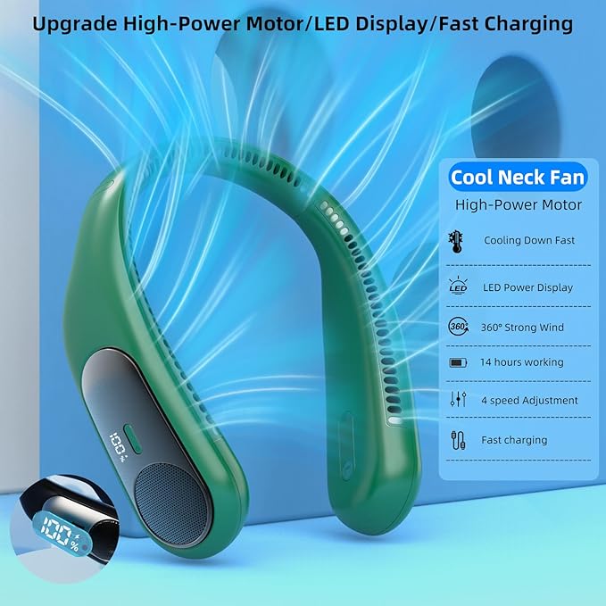 Portable Neck Fan,Personal Wearable Bladeless Fan,LED Display,4-Speeds,6000mAh USB Rechargeable,360° Strong Cooling Wind,Hands Free,White Elephant Gift,Christmas Gifts for Men Women (Dark green)