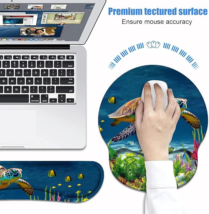 Keyboard Wrist Rest + Mouse Pad Wrist Support Set with Coasters, Non-Slip PU Base Ergonomic Mousepad for Home Office Working Studying Easy Typing & Pain Relief, Sea Turtle