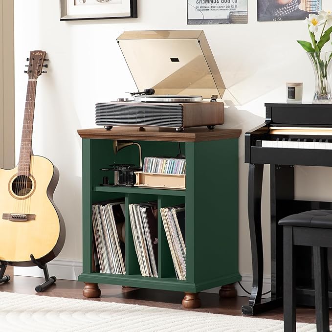 Joaxswe Record Player Stand with Charging Station Up to 200 Albums, 24" Wide Mid-Century Record Player Table with Vinyl Record Storage,Large Wood Turntable Stand Dispaly Cabinet for Living Room,Green