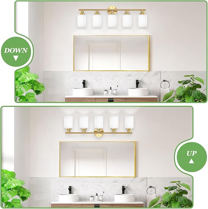 Guliaofo 5-Light Vanity Lights, Brushed Gold Bathroom Light Fixture with Striped Textured Milky White Glass Shade, E26 Modern Vanity Lighting Fixture for Bathroom Wall Sconce Light Over Mirror