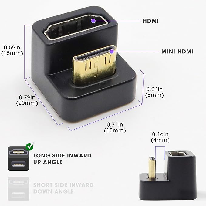 Kado 180 Degree Mini HDMI to HDMI 4K 60Hz Adapter U Shaped Mini HDMI Male to HDMI Female Extender Converter for Portable Monitor, Laptop, Tablet, Camera and Projector (Long Side Inward Up Angle)