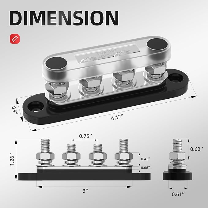 DAIERTEK Bus Bar 12V 150A Mini Power Distribution Block Max 48V DC/300V AC with Cover 4 x 5/16" Posts for Marine Automotive Solar Systems -Negative+Positive