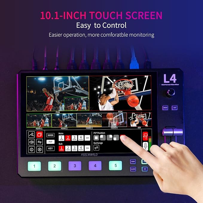 FEELWORLD L4 10.1 Inch Touch Screen Video Switcher 10.1 inch Touchscreen, Real-time Preview 5 Input Sources PST PGM and Operation Interface