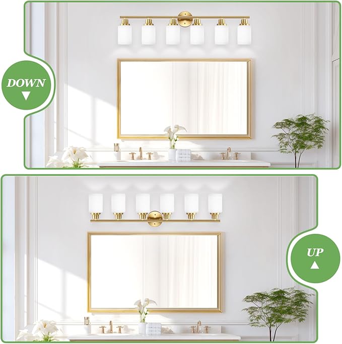 Guliaofo 6-Light Vanity Lights, Brushed Gold Bathroom Light Fixture with Striped Textured Milky White Glass Shade, E26 Wall Sconce, Modern Vanity Lighting Fixture for Bathroom Wall Light Over Mirror