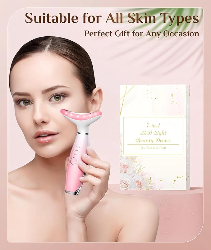 Dopsikn 7 Color Galvanic Machines - Red Light Therapy for Face and Neck, Face Massager Tool for Wrinkles, Double Chin, Vibrating Facial Massager with Thermals, Pink