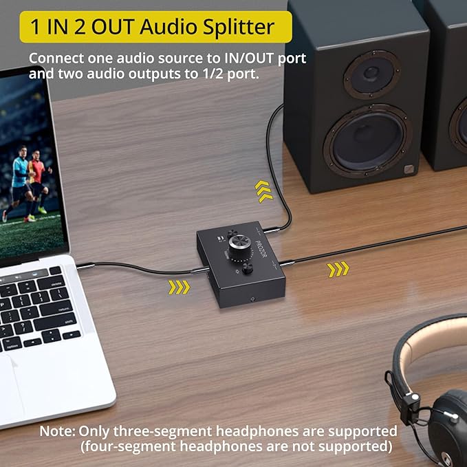 PROZOR 3.5mm Audio Bi-Directional Switcher - 2(1)-in-1(2)-Out 3.5mm Stereo Audio Switch Splitter 2 x 1/1 x 2, with Mute Button and No External Power Required
