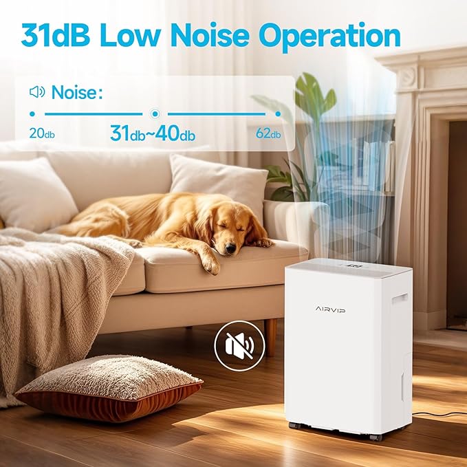 AIRVIP 34 Pints Dehumidifiers for Home with 6.56ft Drain Hose, 2441 Sq.Ft Quite & Energy Efficient Dehumidifier for Basement Bedroom Bathroom with Auto Shut Off,2.5 L Water Tank,Smart Humidity Control