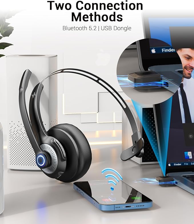 JIAMQISHI Bluetooth Wireless Headset with Mic for Work, Clear Call, Bluetooth 5.2, Mic Mute Function, USB Dongle, Applicable to PC, Laptop, Phone, Android, Zoom, Office