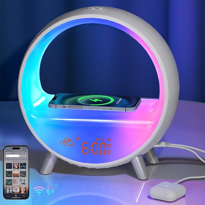 MOMILLA Smart Sunrise Alarm Clock with Wireless Charging, Wake up Light w/Bluetooth Speaker, Compatible with Airpods/iPhone, APP Control White Noise Sound Machine, Alarm Clocks for Bedrooms Adults