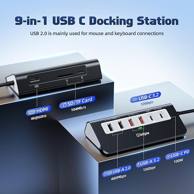 intpw USB C Hub 10Gbps, 9-in-1 USB C Docking station with 4K@60Hz HDMI, Type-C & 2 Type-A 3.2, 2 USB-A 2.0, PD 100W, SD/TF Port, Black Aluminum USB Hub for Laptop, iPhone 16/15 Series, MacBook Air/Pro