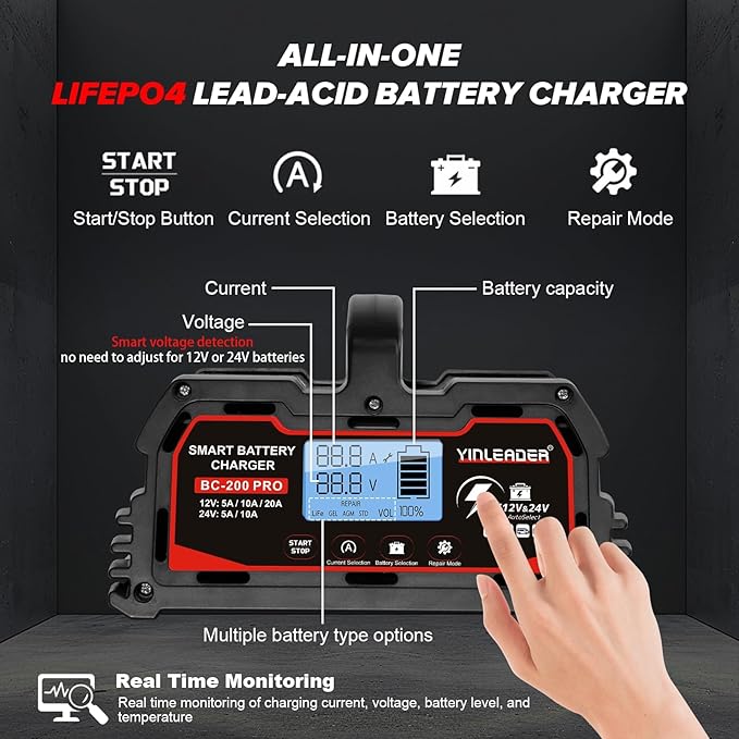 Battery Charger 20A, 12V/24V Lead Acid Smart Battery Charger, 12V LiFePO4 Car Battery Trickle Charger, Automatic Battery Maintainer for Car Motorcycle Lawn Mower Marine Boat Lead Acid Batteries
