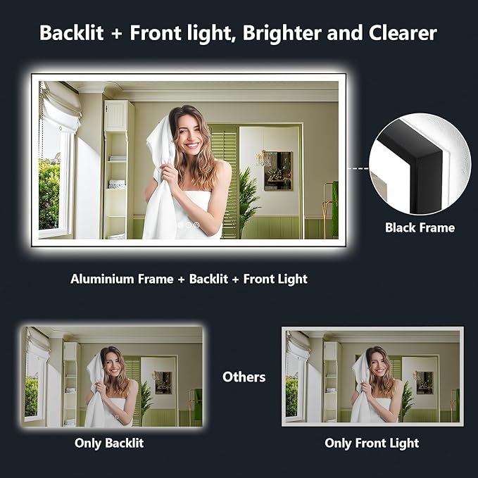 YEELAIT 60x36 Inch LED Bathroom Mirror with Lights (Front Lit and Backlit) Black Framed Lighted Vanity Mirror for Bathroom Wall Dimmable Anti-Fog Memory Tempered Glass Horizontal/Vertical