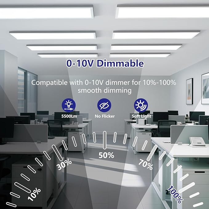 AIKVSXER 1x4 Led Flat Panel Light Surface Mount-4 Pack, 50W 5500Lm Dual Selectable 5CCT 3000K/4000K/5000K/5700K/6500K and Wattage 30-50W 0-10V Dimmable Ceiling Light Fixture for Kitchen/Laundry