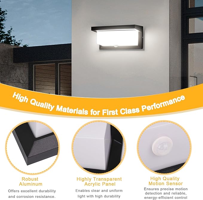 Sorfia 18W Motion Sensor Outdoor Lights Wired, IP65 Aluminum LED Outdoor Motion Sensor Light Indoor,Motion Lights for Outside Dusk to Dawn Outside Lighting Fixtures LED Porch Light Wall Mount 110V