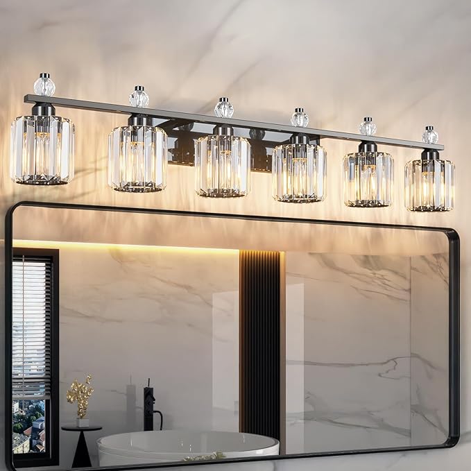 FDPBY Bathroom Vanity Lights 6-Light Plating Black Modern Crystal Vanity Light Fixtures Over Mirror Crystal Bathroom Vanity Lighting Fixtures
