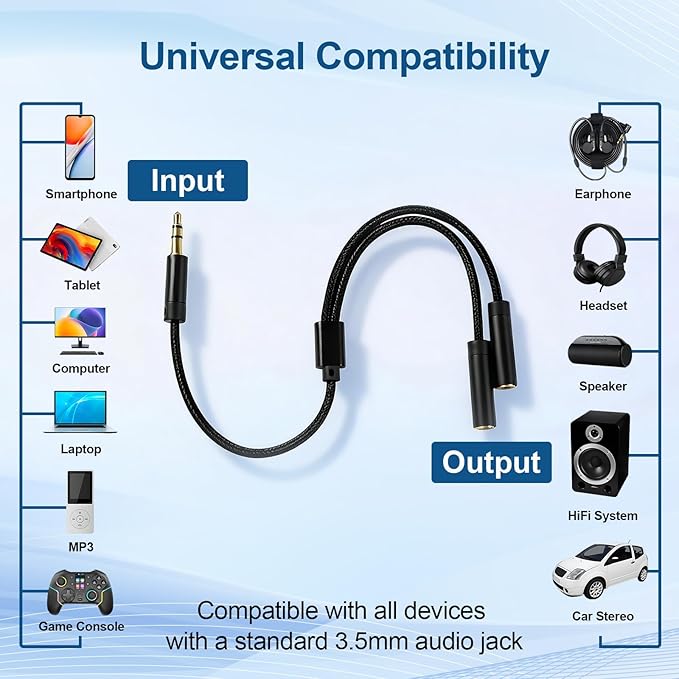 Tavirela Headphone Splitter, Upgraded Nylon Braided 3.5mm Audio Stereo Y Aux Splitter, Dual Headphone Jack Adapter 1 Male to 2 Female for Sharing Music, Compatible with Phone, Switch, PC, Tablet