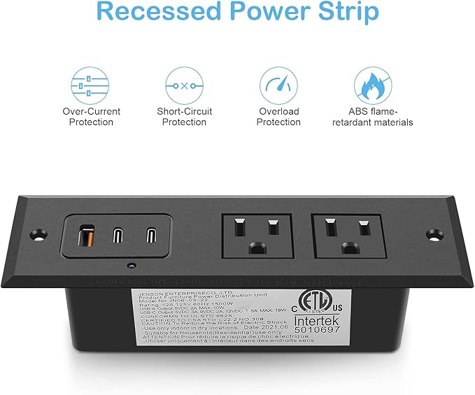 CCCEI Recessed Power Strip with 45W USB-C Ports, Fast Charging USB A Port Desk Outlet, Black Furniture Hidden Charging Station for Side Table, End Table, with 10FT 45 Degree Flat Plug Extension Cord.