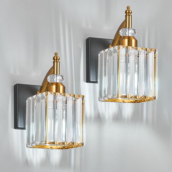 BBLLWJ Modern Wall Sconces Set of Two Black Gold Indoor Wall Mounted Room Sconce Crystal Wall Lighting Bathroom Vanity Light Fixtures