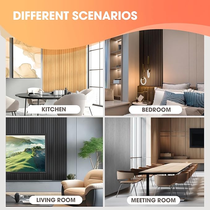 OUZUGIE WPC Acoustic Slat Wall Paneling, 8-Pack 96 x 6 Inches 3D Wall Panels for Interior Wall Decor,Living Room,TV Background,Study Room,Office Spaces,Bedroom,High Grille (Black)