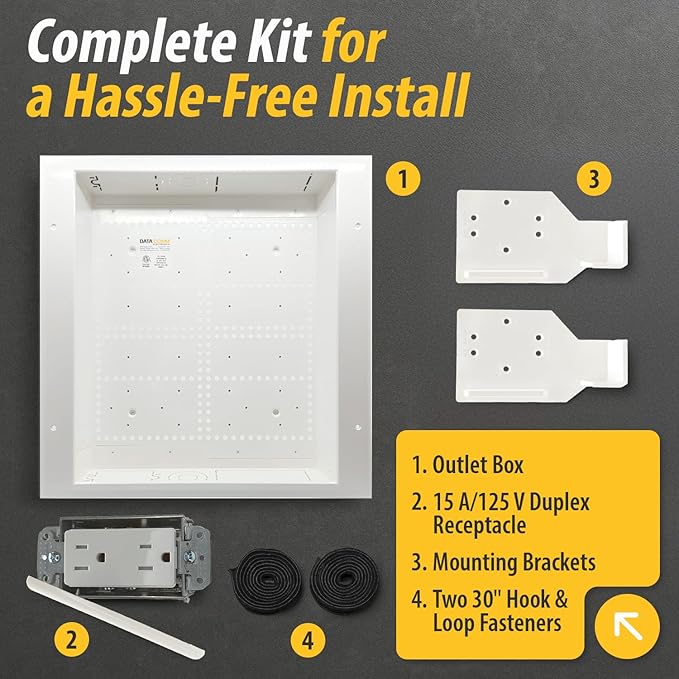DataComm Electronics 45-8011-1P Multi-Functional Recessed Media Box with Integrated Duplex Power Receptacle For Seamless Home & Office Connectivity Solutions, In Wall Box, Hides TV Outlet & Cables