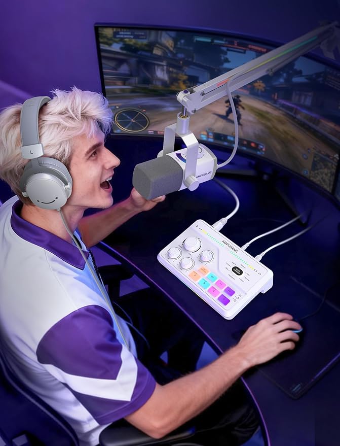 FIFINE Audio Mixer for Gaming with 7.1ch Surround Sound-Volume Knob-Mute-Voice Chat, RGB Computer Mixer with XLR Mic Interface Compatible wtih TV for Live Streaming-AmpliGame SC8W