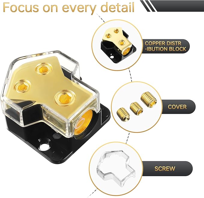 BOJACK 2 Way Splitter Amp Copper Power Distribution Block 0/2/4 AWG Gauge in, 4/8 Gauge Out for Car Audio Splitter (Pack of 1)