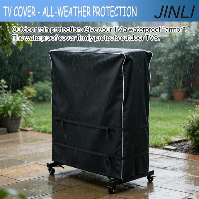 JINLI 60-65 inch outdoor TV trolley cover, courtyard TV cover, Oxford fabric waterproof and dustproof, triple windproof design, compatible with rolling/mobile stand