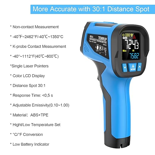 TEMIRUP Infrared Thermometer Temperature Gun -40℉ to 2462℉, 30:1 High Temp Laser Thermometer/K-Type Probe 14°F~932°F, Digital IR Pyrometer Temp Gun for Cooking, Engine, Kiln, Forging, HVAC&Industrial