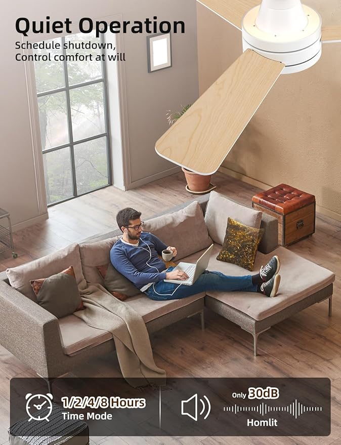 Homlit 42" RGB Ceiling Fan with Light, Music Sync Smart Fan with Alexa/Google/App Control, Low Profile Flush Mount, 6-Speed Quiet DC Motor, 4 CCT Dimmable Lighting for Bedroom Living Room, White