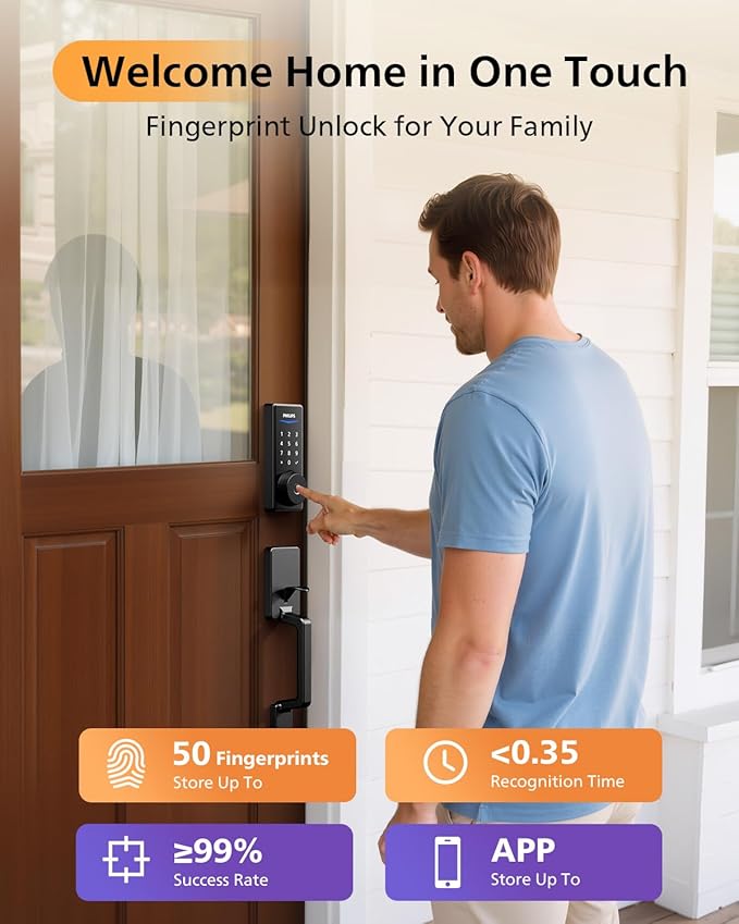 Philips WiFi Smart Lock with Front Door Handle Set, Built-in WiFi, APP Remote & Voice Control, Fingerprint Keyless Entry Door Lock, Keypad Deadbolt Smart Locks for Front Door, Auto-Lock, Backup 2 Keys