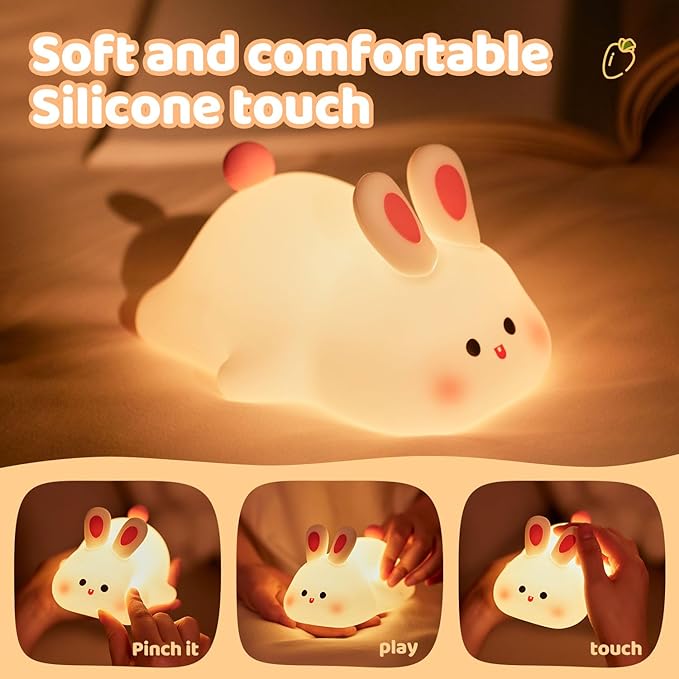 Rytinazzz Big Face Rabbit Night Light, 3-Level Pat Control & Cute Squishy Lamp for Kids Room, USB Rechargeable with Timer, Valentines Gifts