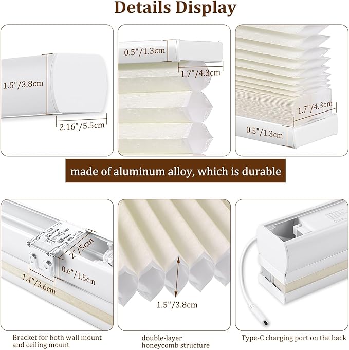 LEXEN Smart Top Down Bottom Up Honeycomb Shades - WiFi Enabled Motorized Cellular Blinds Compatible with Alexa/Google Home Double Cellular Fabric Light Filtering Insulated Custom Sizes-White