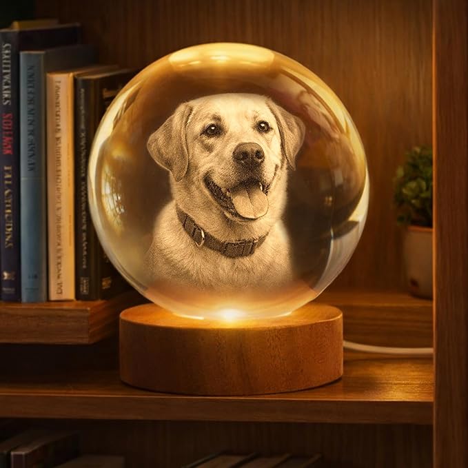Herihues Personalized 3D Photo Crystal Ball, Custom Engraved Picture Lamp with Wood Base, Night Light for Dog Lovers, Dog Memorial Gifts, Loss of Pet Sympathy Gift Night Light, Custom Photo Portrait