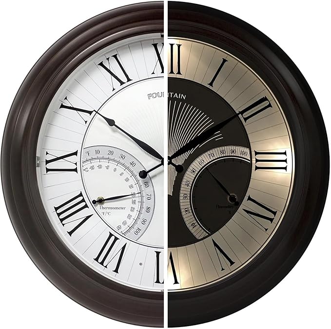 FOUNTAIN DESIGNS 24" Jameson in/Outdoor Lighted Clock, Self-Illuminated, Waterproof, 3 in 1 Weather Station (Thermometer & Hygrometer), Metal Clock, Oil Rubbed Bronze Finish(Night Light)