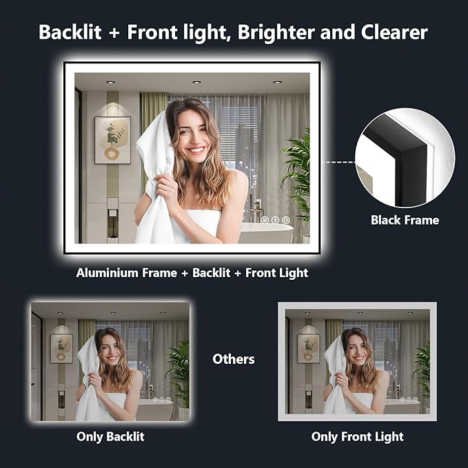 YEELAIT 40x32 Inch LED Bathroom Mirror with Lights (Front Lit and Backlit) Black Framed Lighted Vanity Mirror for Bathroom Wall Dimmable Anti-Fog Memory Tempered Glass Horizontal/Vertical