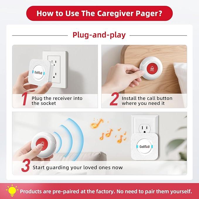 CallToU Elderly Monitoring Call Button Wireless Caregiver Pager Smart Senior System with Light Personal Buzzer Alarm 2 Portable Transmitters 1 Plugin Receiver