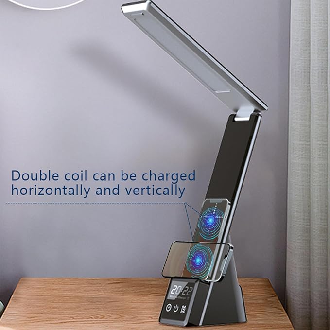 FJHBL Multifunctional Desk Lamp Wireless Charger with LED Display, Digital Clock, Alarm, and Tri-Color Lighting. Compatible with All Major Qi-Enabled Phones, Watches, and Earbuds,N61(Black).