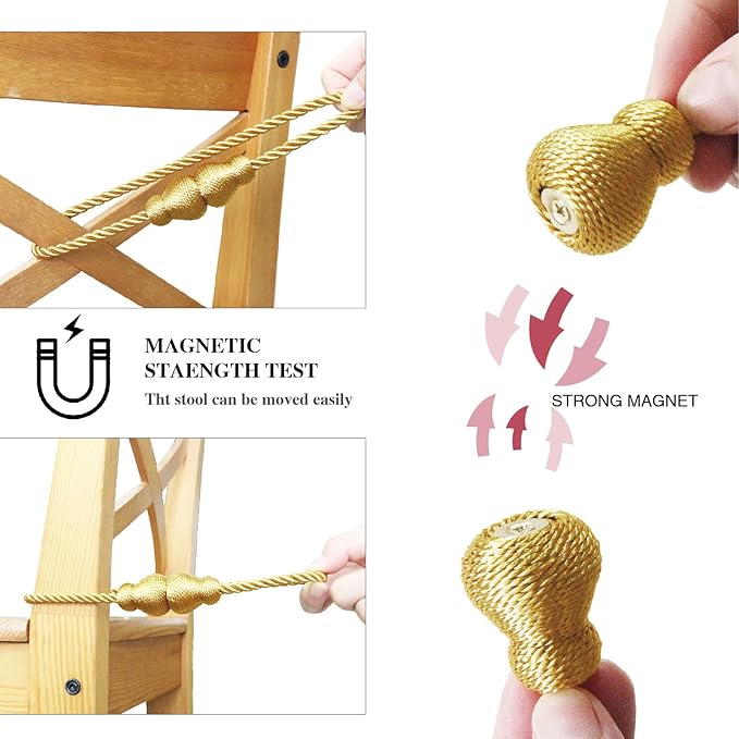 Nieffeiy Magnetic Curtain Tiebacks Outdoor Curtain Tie Backs Rope Decorative Magnetic Curtain Holders for Drapes Window Treatment Holdbacks, Gold 6Pack