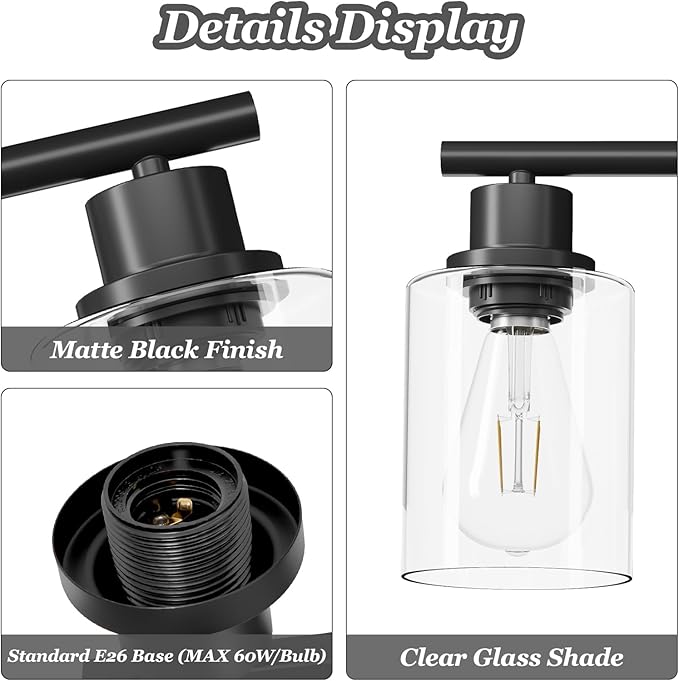 Guliaofo 3-Light Black Vanity Lights, E26 Modern Bathroom Light Fixtures with Clear Glass Shade, Wall Lamps for Mirror Kitchen Hallway Cabinet Living Room Sconces Lights