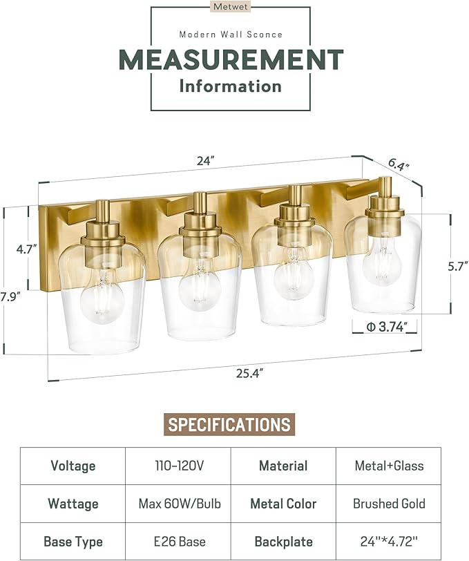 METWET Bathroom Light Fixtures, 4-Light Modern Vanity Light with Clear Glass Wine Glass-Shaped Shade, Vanity Lighting Fixtures Over Mirror, Brushed Gold, VL155-BG-4