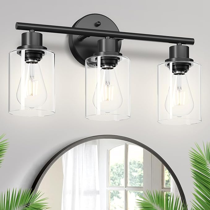 Guliaofo 3-Light Black Vanity Lights, E26 Modern Bathroom Light Fixtures with Clear Glass Shade, Wall Lamps for Mirror Kitchen Hallway Cabinet Living Room Sconces Lights