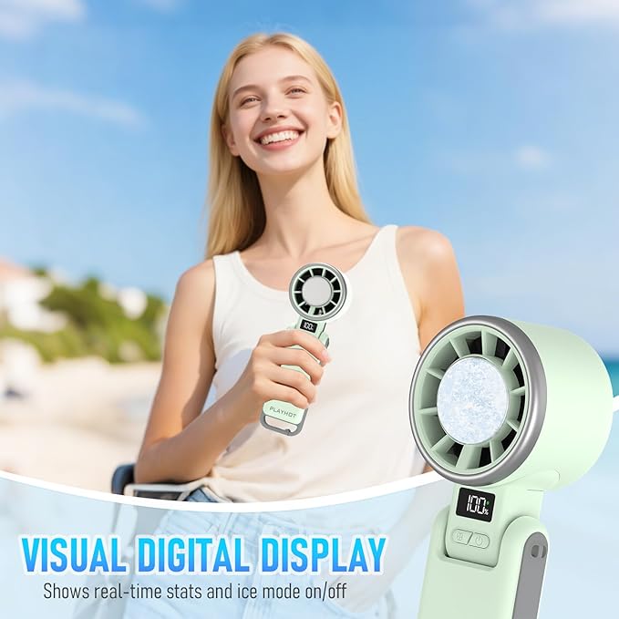 PlayHot Upgraded Portable Handheld Fan with 60°F Ice Cooling, Up tp 12Hrs Hand Held Portables Fans, 5 Speed 25550RPM Powerful Portable Fan Handheld, Hand/Neck/Desk Fan 3 IN 1(Green)