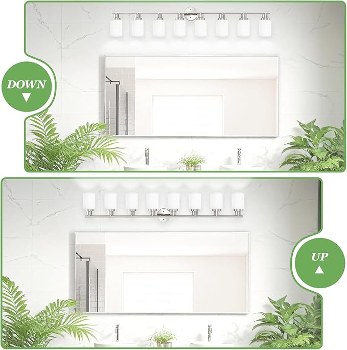 Guliaofo 8-Light Vanity Lights, Brushed Nickel Bathroom Light Fixture with Striped Textured Milky White Glass Shade, E26 Modern Vanity Lighting Fixture for Bathroom Wall Sconce Light Over Mirror