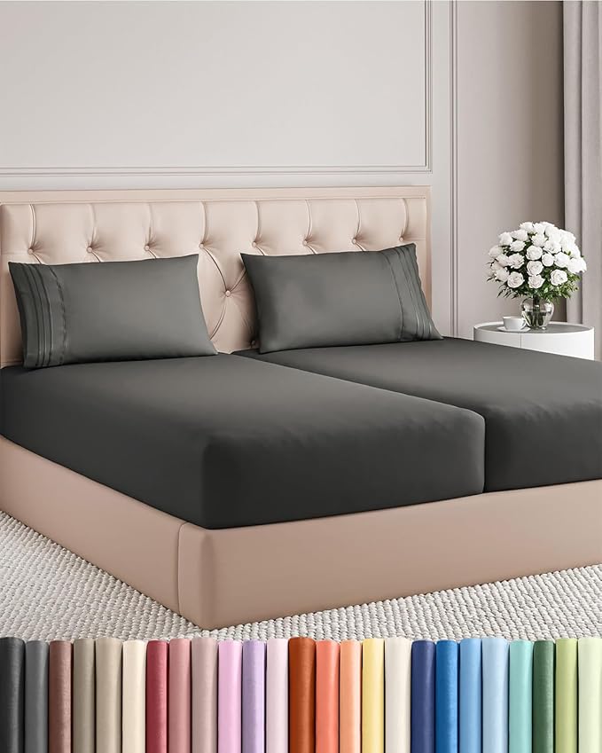 Split King Size 5 Piece Sheet Set - Comfy Breathable & Cooling Bed Sheets Set - Hotel Luxury Bedding for Women, Men, Kids, Teens, Boys & Girls - Deep Pockets, Soft, Wrinkle Free - Oeko-Tex - Charcoal
