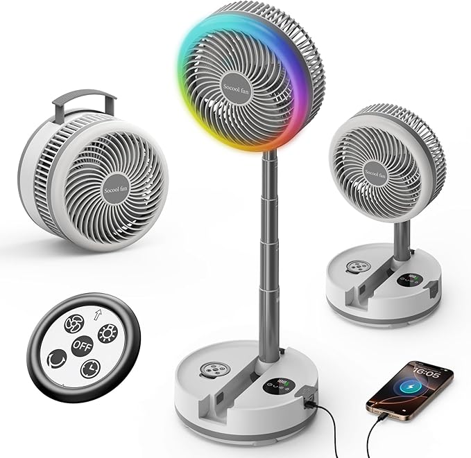 Socool 40000mAh Portable Fan Foldable Battery Rechargeable with 8 Speed & 106H, 90° Osciliating Floor Standing Fan Remote, Desk Fan with 8H Timer & LED Light for Home Outdoor Travel Camping